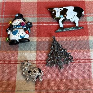 Festive Brooch Set with Snowman, Cow, and Tree